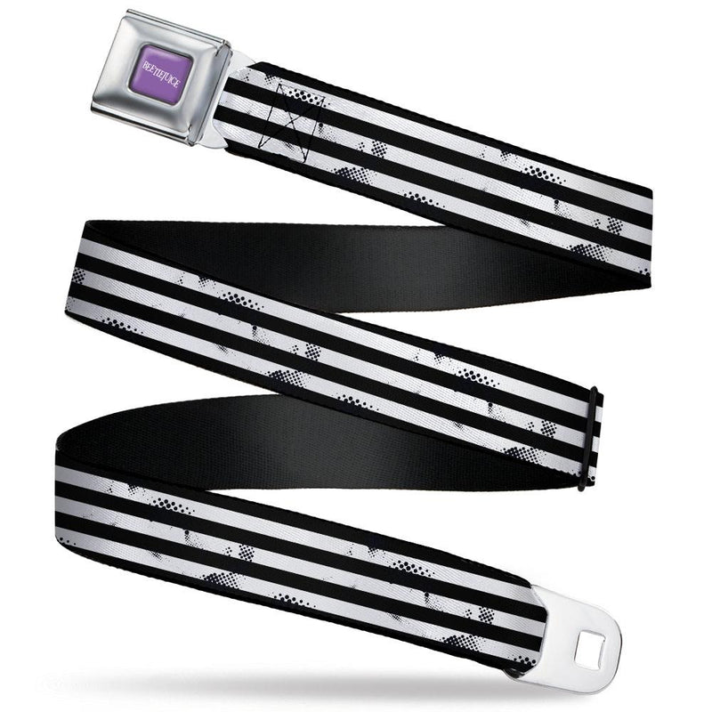 Load image into Gallery viewer, Beetlejuice - Text Logo Full Color Purple/White Suit Striping Black Seatbelt Buckle Belt
