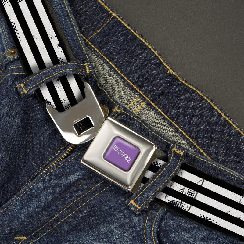 Load image into Gallery viewer, Beetlejuice - Text Logo Full Color Purple/White Suit Striping Black Seatbelt Buckle Belt
