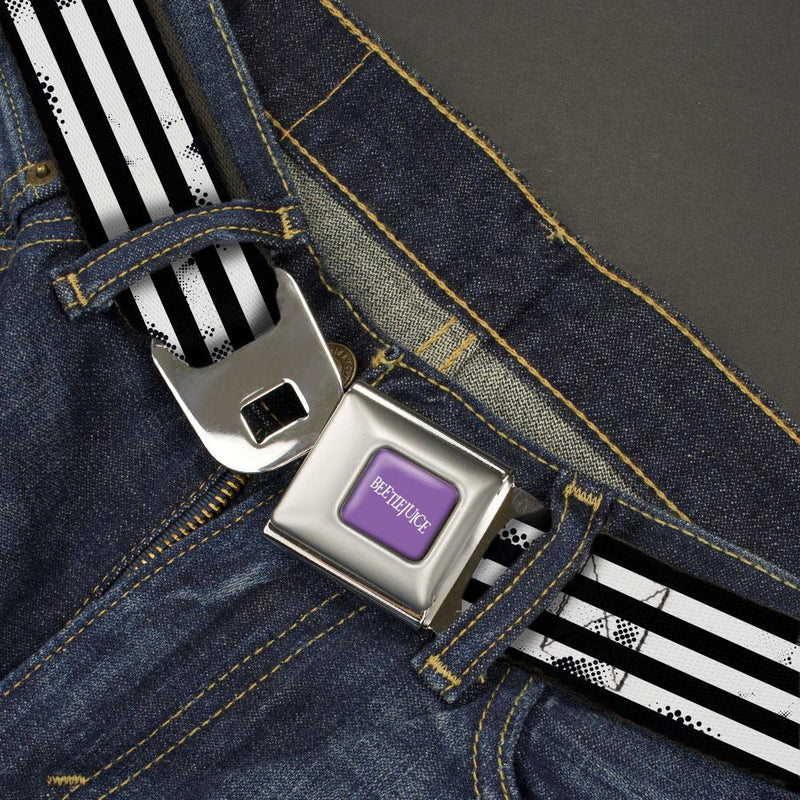 Beetlejuice - Logotipo de texto a todo color Púrpura/Blanco Traje Rayas Cinturón de seguridad negro Cinturón con hebilla