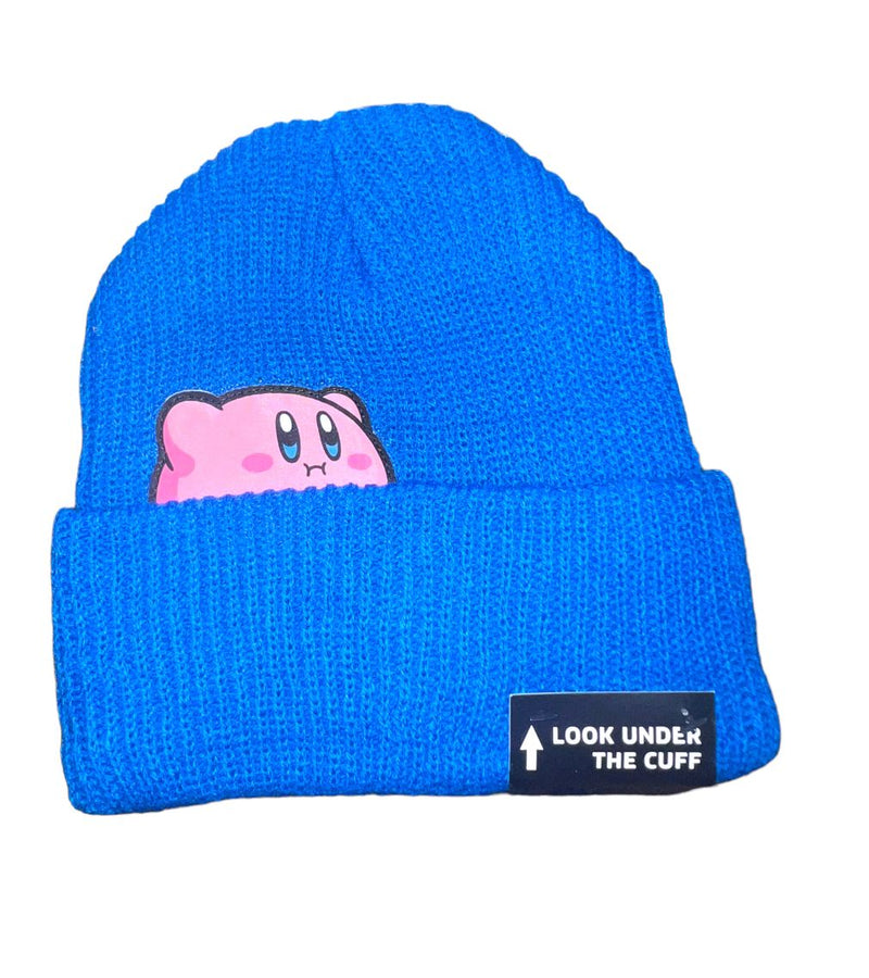 Kirby with Snacks Peekaboo Woven Label on Blue Acrylic Knit Beanie