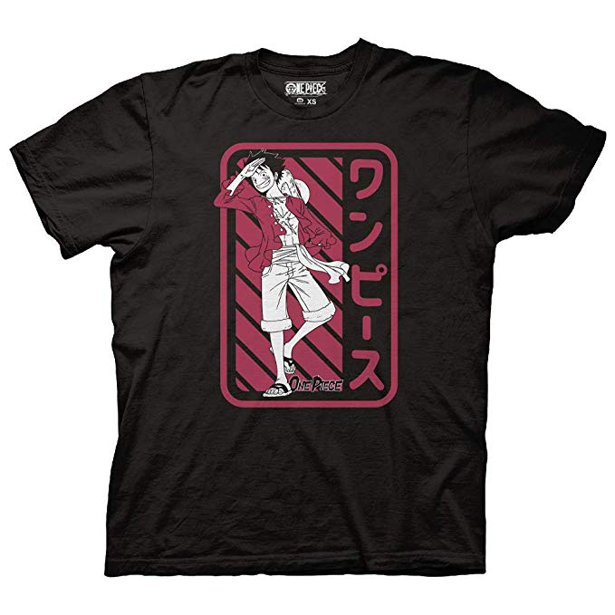 One Piece -  Anime Luffy on Red Adult Fitted T-shirt - Black - Kryptonite Character Store
