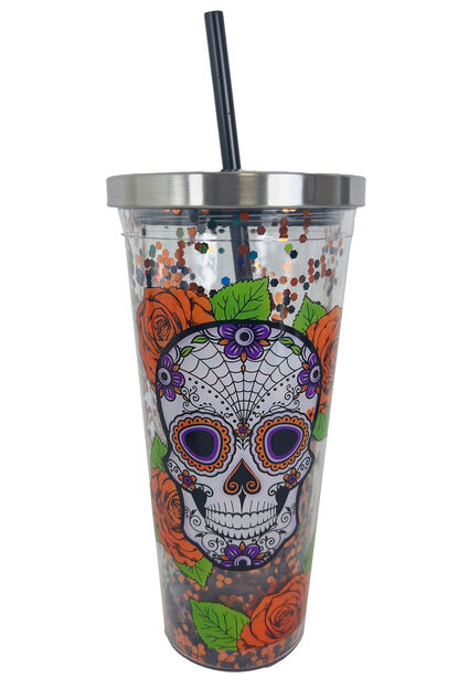 Tasse à paillettes Sugar Skull avec paille