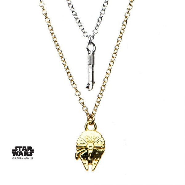 Star Wars: Episode 8 - Base Metal Lightsaber and Millenium Falcon Pendant Necklace