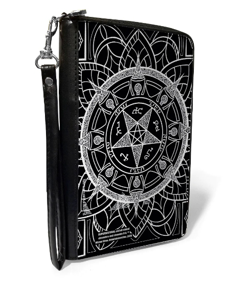 Sobrenatural - Cartera con cremallera de PU en blanco y negro con símbolo de trampa del diablo